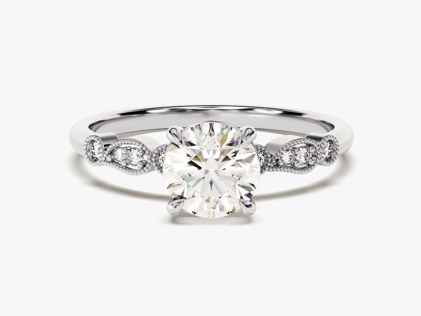 1.0CT Round Brilliant Diamond Milgrain Pave Setting Moissanite Engagement Ring