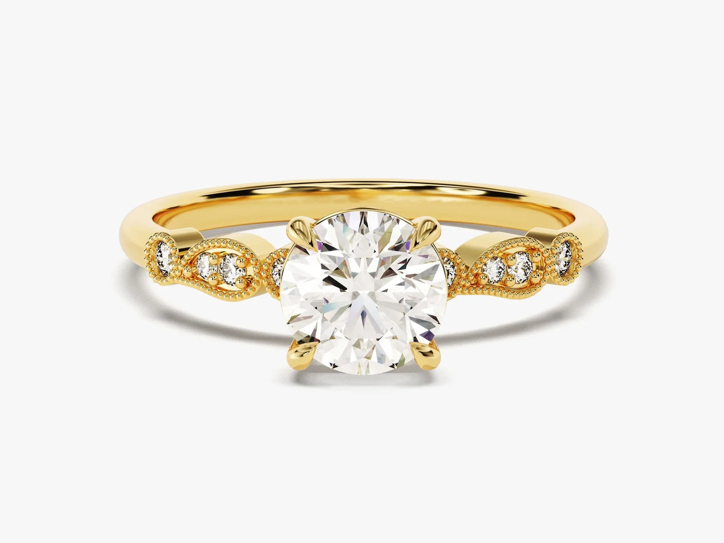 1.0CT Round Brilliant Diamond Milgrain Pave Setting Moissanite Engagement Ring