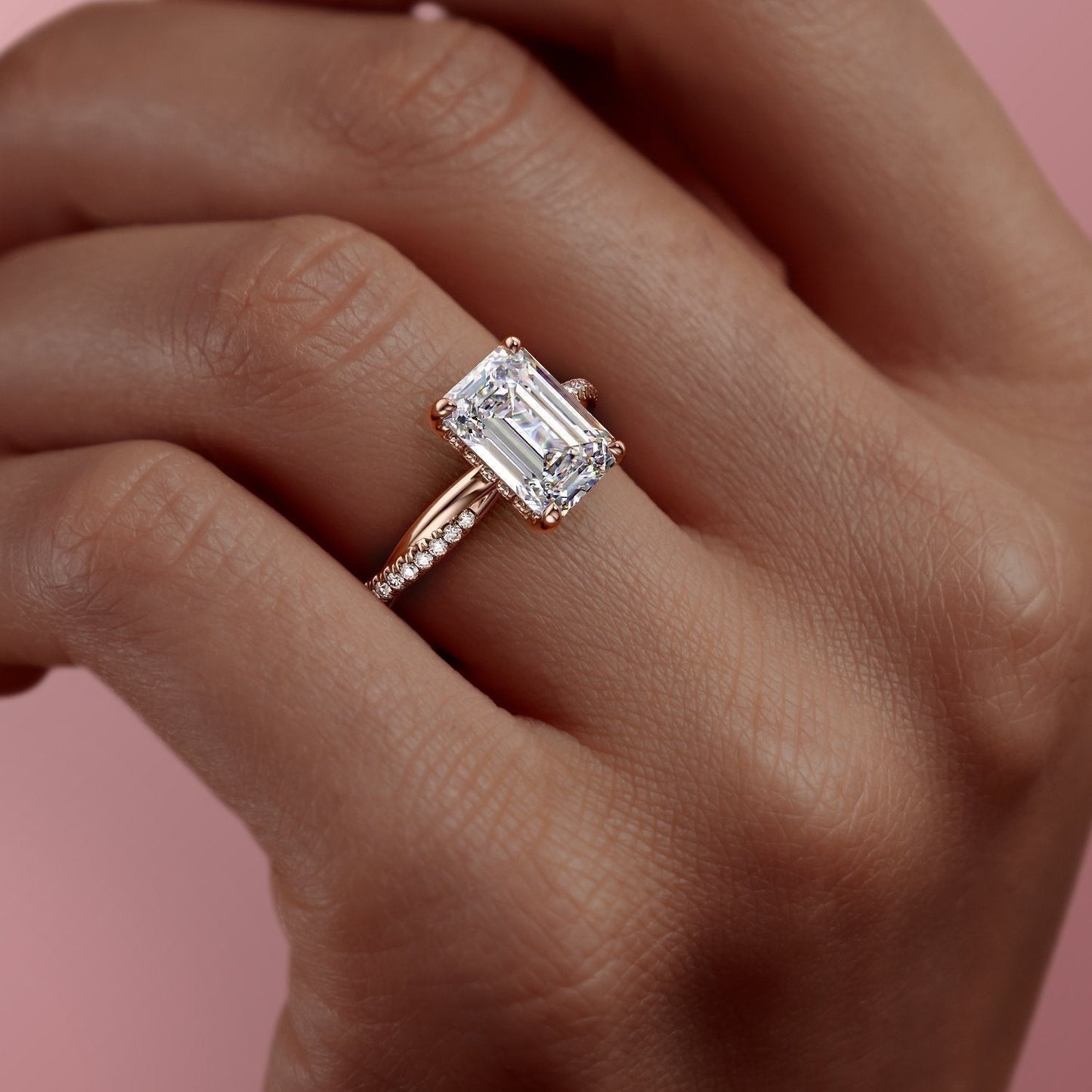 2.10 CT Emerald Cut Solitaire Twisted Pave Moissanite Engagement Ring