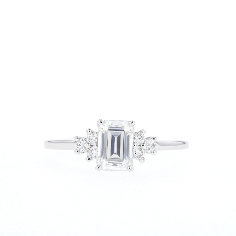 1.10ct Emerald Cut Cluster Moissanite Diamond Engagement Ring