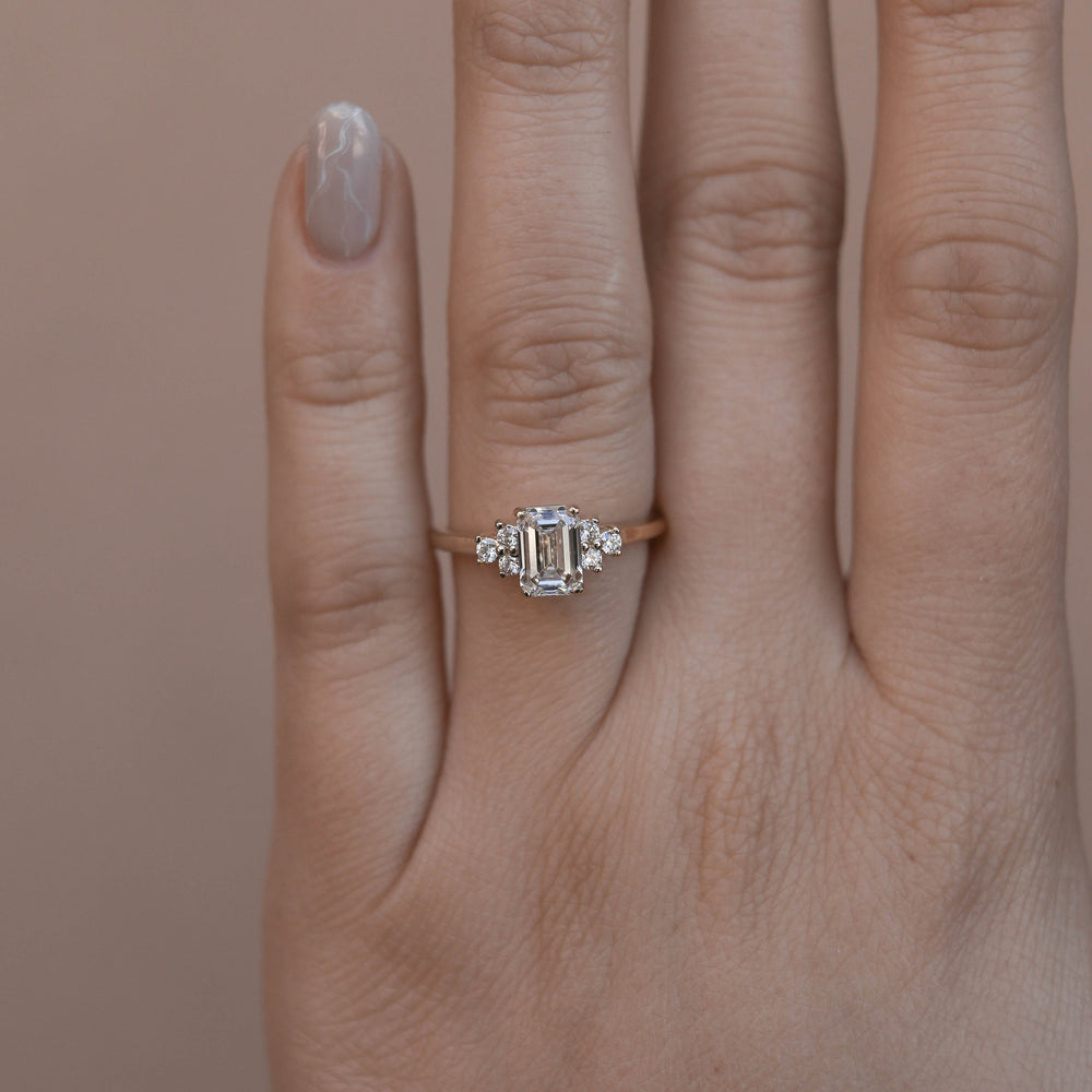 1.10ct Emerald Cut Cluster Moissanite Diamond Engagement Ring