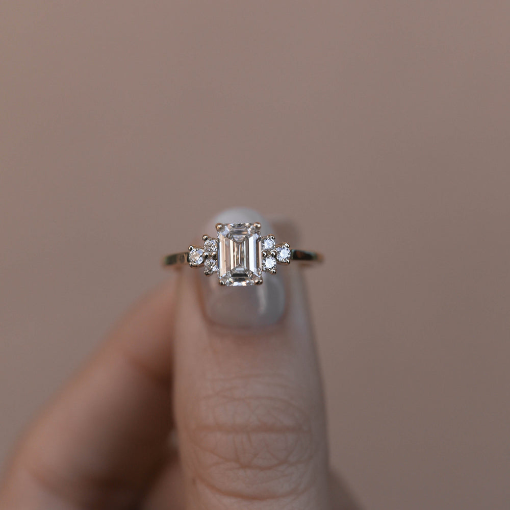 1.10ct Emerald Cut Cluster Moissanite Diamond Engagement Ring