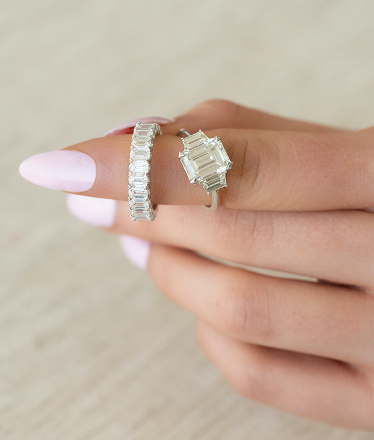 3.57CT Emerald Cut 3 Stone Moissanite Diamond Engagement Ring