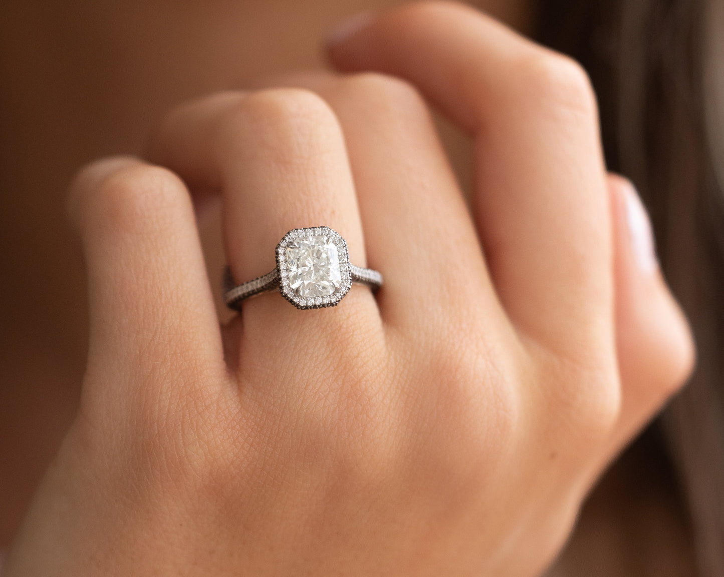 2.08ct Radiant Cut 3 Side Pave Moissanite Halo Diamond Engagement Ring