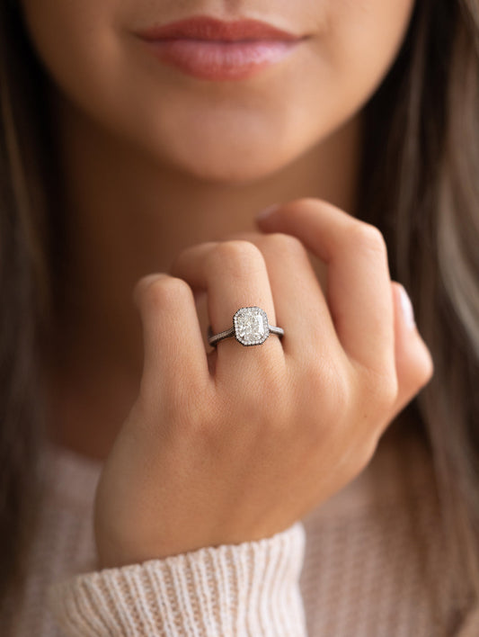 2.08ct Radiant Cut 3 Side Pave Moissanite Halo Diamond Engagement Ring