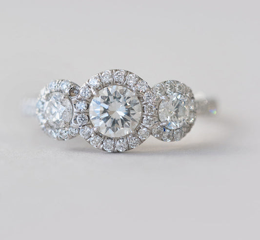 1.18CT Round Halo Three Stone Moissanite Diamond Engagement Ring