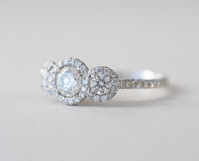 1.18CT Round Halo Three Stone Moissanite Diamond Engagement Ring
