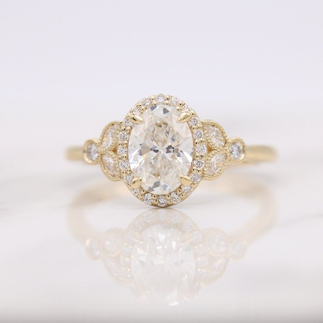 1.0ct Oval Cut Halo Moissanite Diamond Engagement Ring