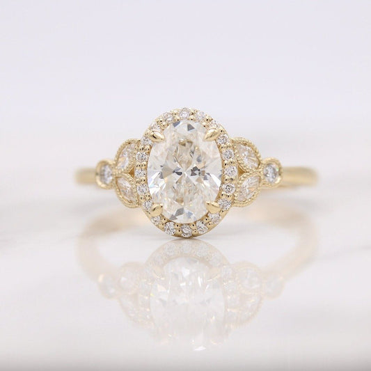 1.0ct Oval Cut Halo Moissanite Diamond Engagement Ring
