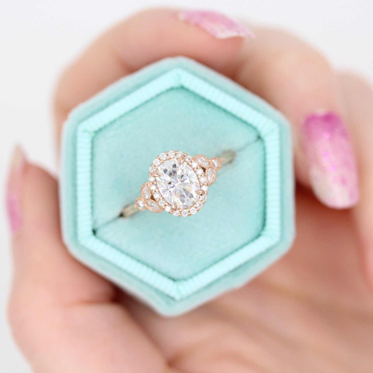 1.0ct Oval Cut Halo Moissanite Diamond Engagement Ring
