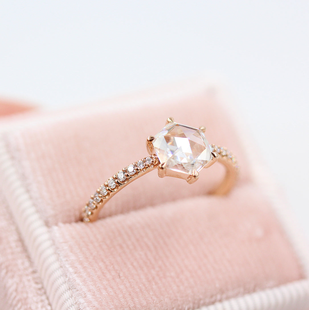 1ct Hexagon Cut Pave Moissanite Diamond Engagement Ring