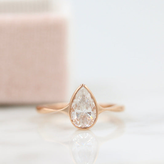 1ct Pear Cut Bezel Moissanite Diamond Engagement Ring