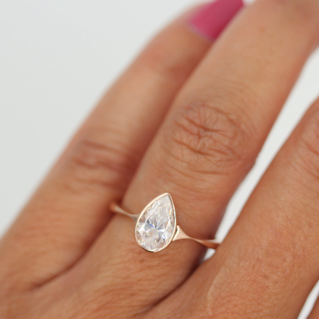 1ct Pear Cut Bezel Moissanite Diamond Engagement Ring