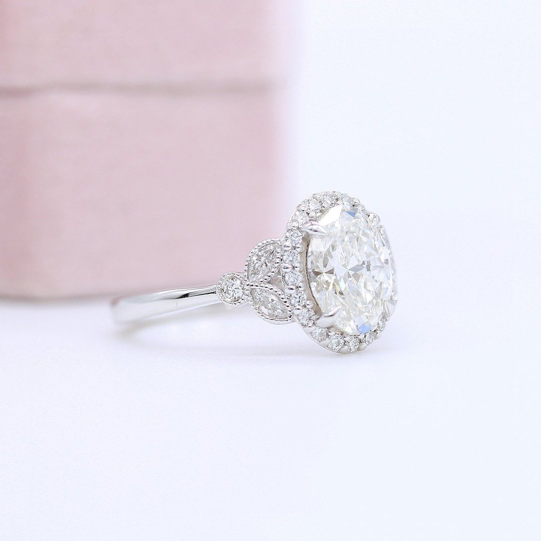 1.0ct Oval Cut Halo Moissanite Diamond Engagement Ring