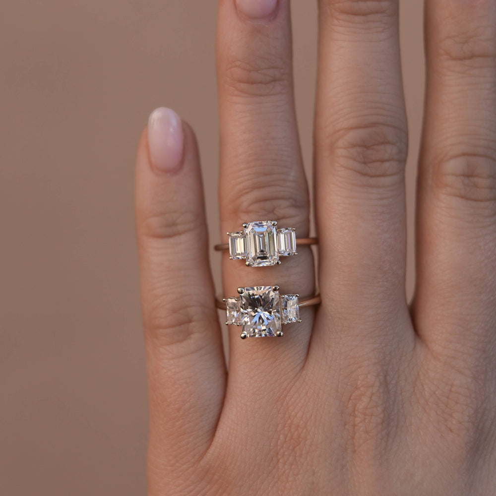 1.70CT Emerald Cut Moissanite Three Stone Diamond Engagement Ring