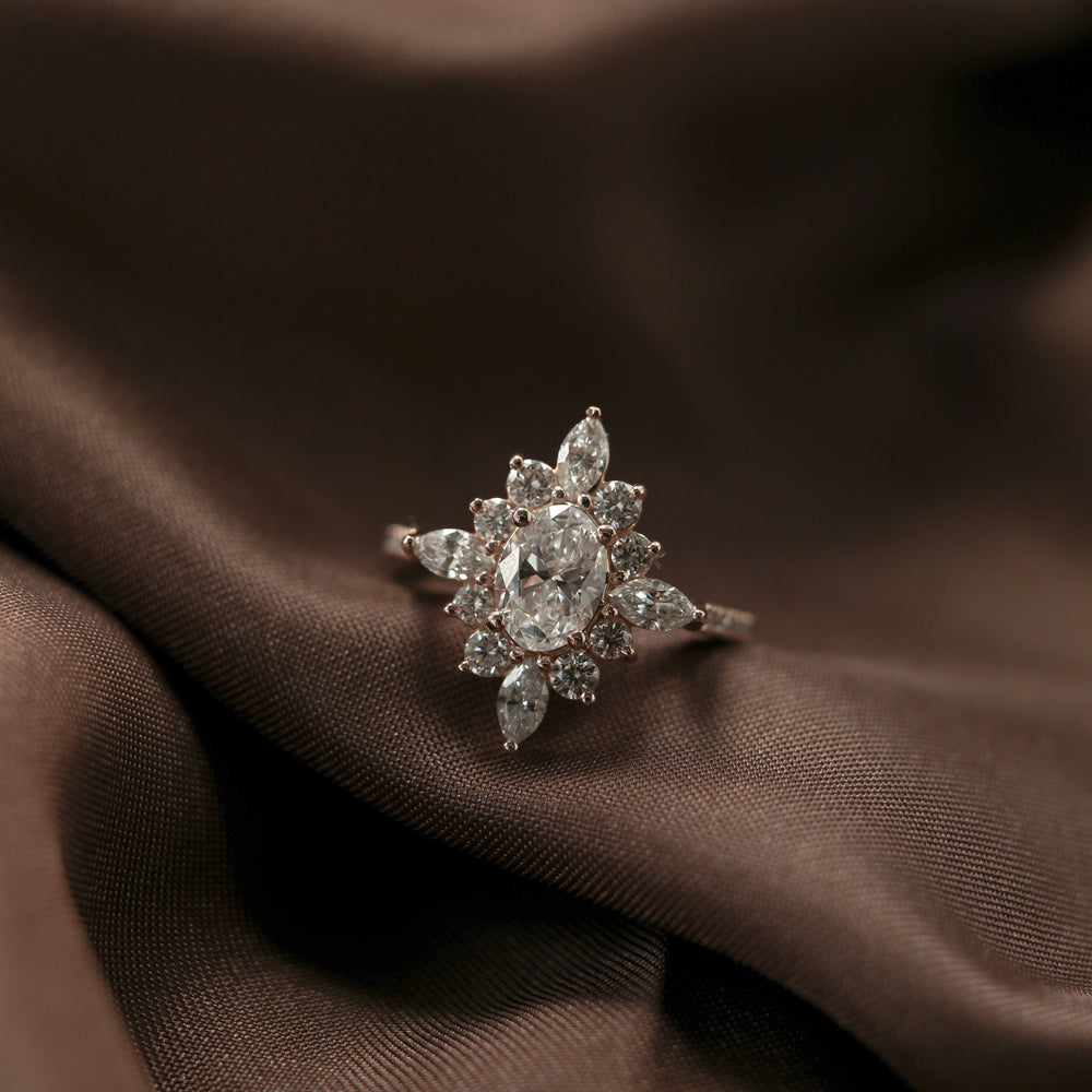 0.75ct Oval Cut Moissanite Cluster Diamond Engagement Ring