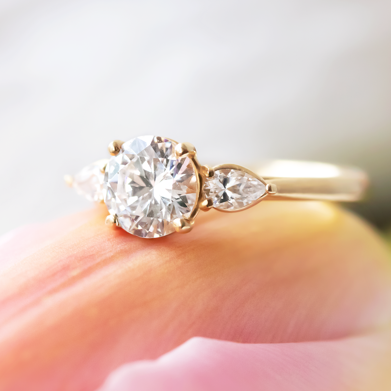 1.0CT Round Cut Three Stone Moissanite Engagement Ring in 14K Yellow Gold