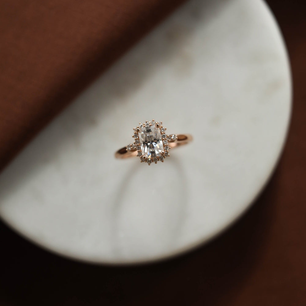 1.10CT Emerald Cut Moissanite Halo Diamond Engagement Ring