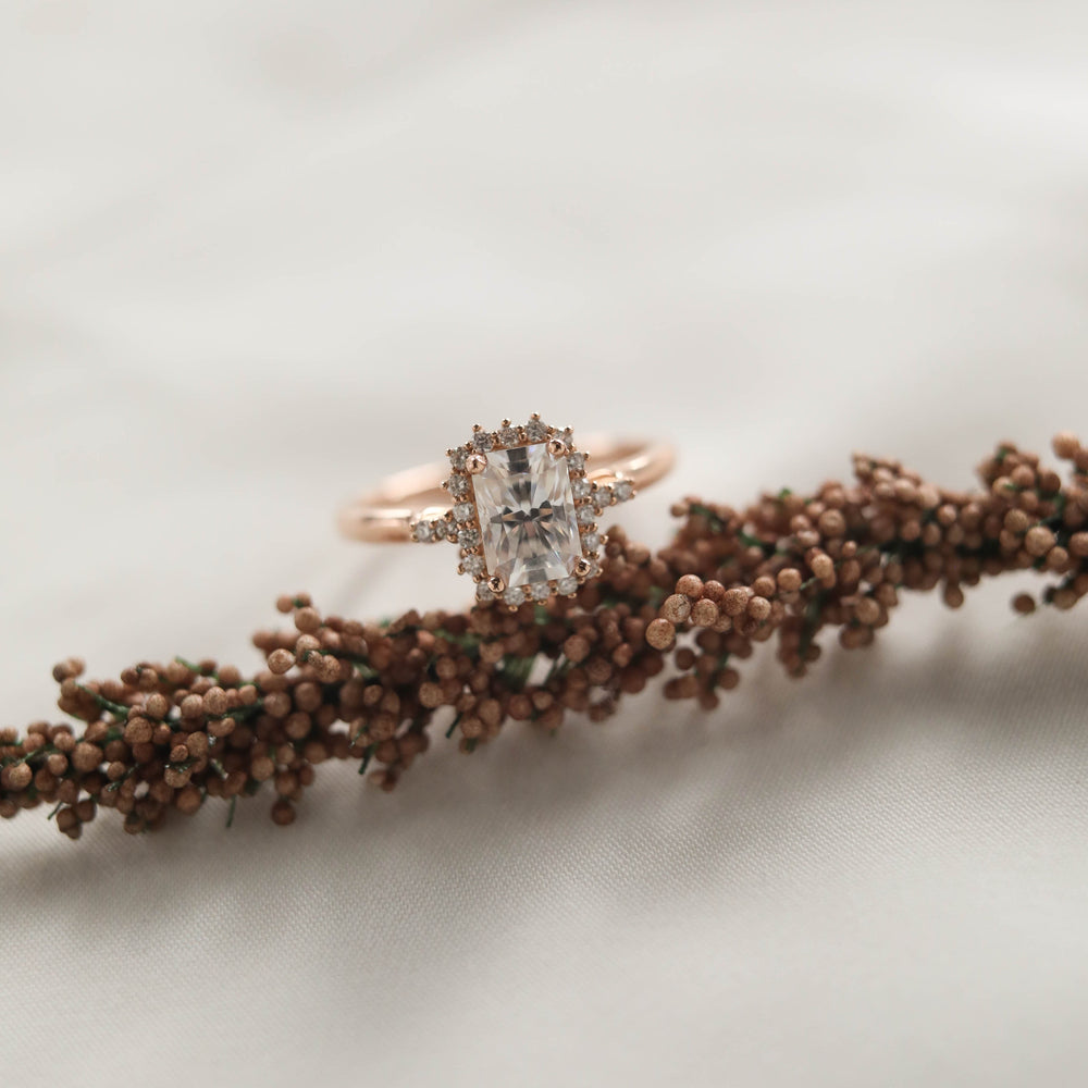 1.10CT Emerald Cut Moissanite Halo Diamond Engagement Ring