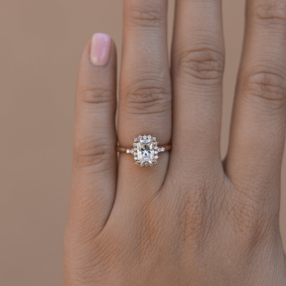 1.10CT Emerald Cut Moissanite Halo Diamond Engagement Ring