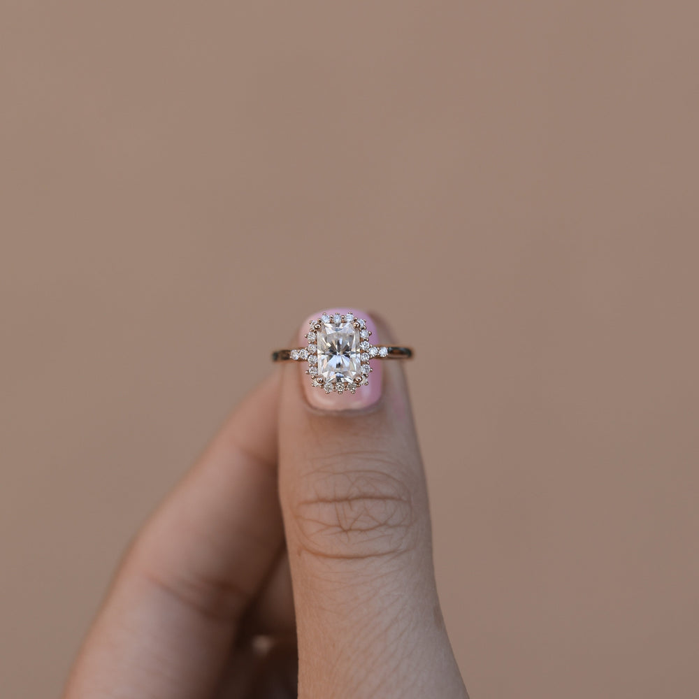 1.10CT Emerald Cut Moissanite Halo Diamond Engagement Ring