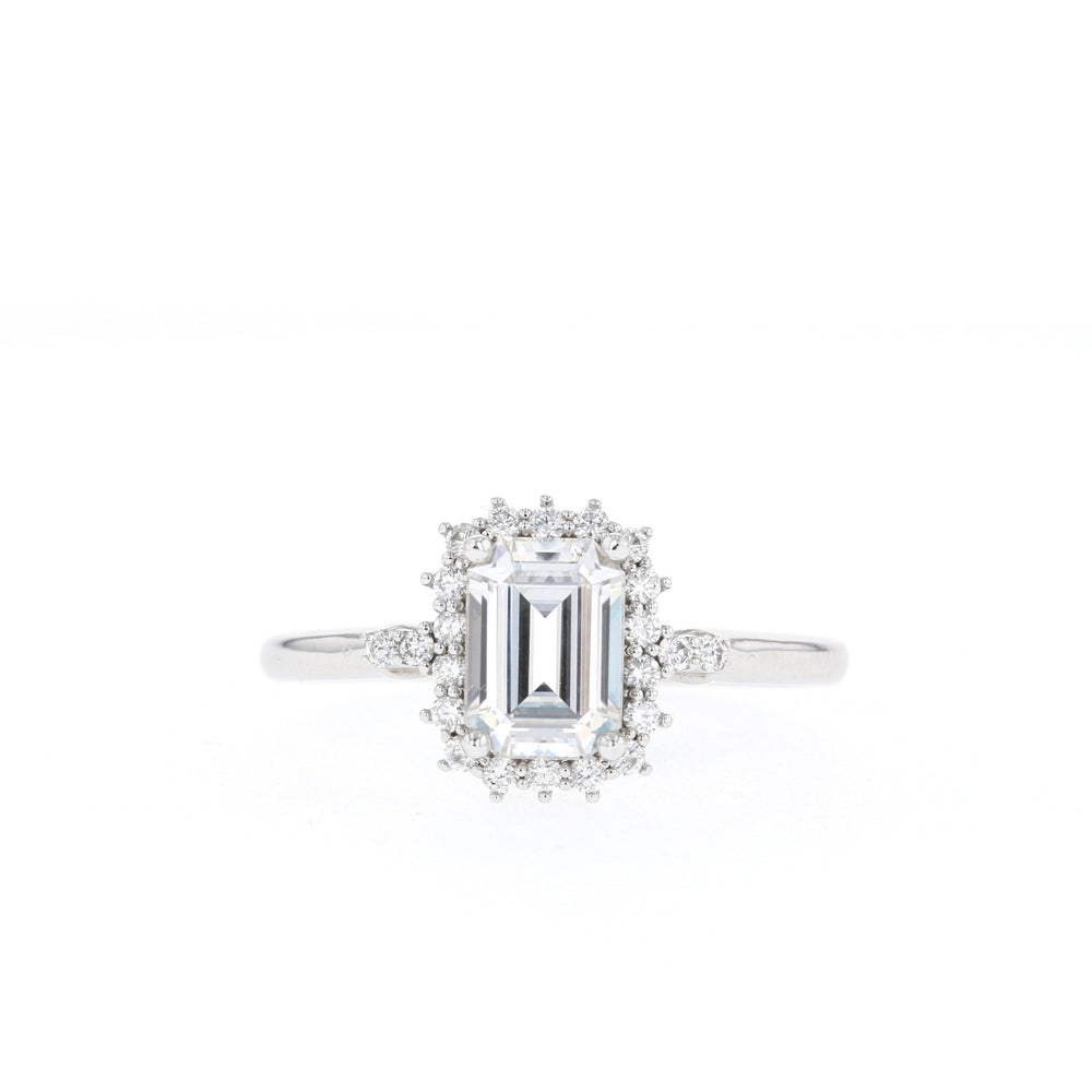 1.10CT Emerald Cut Moissanite Halo Diamond Engagement Ring