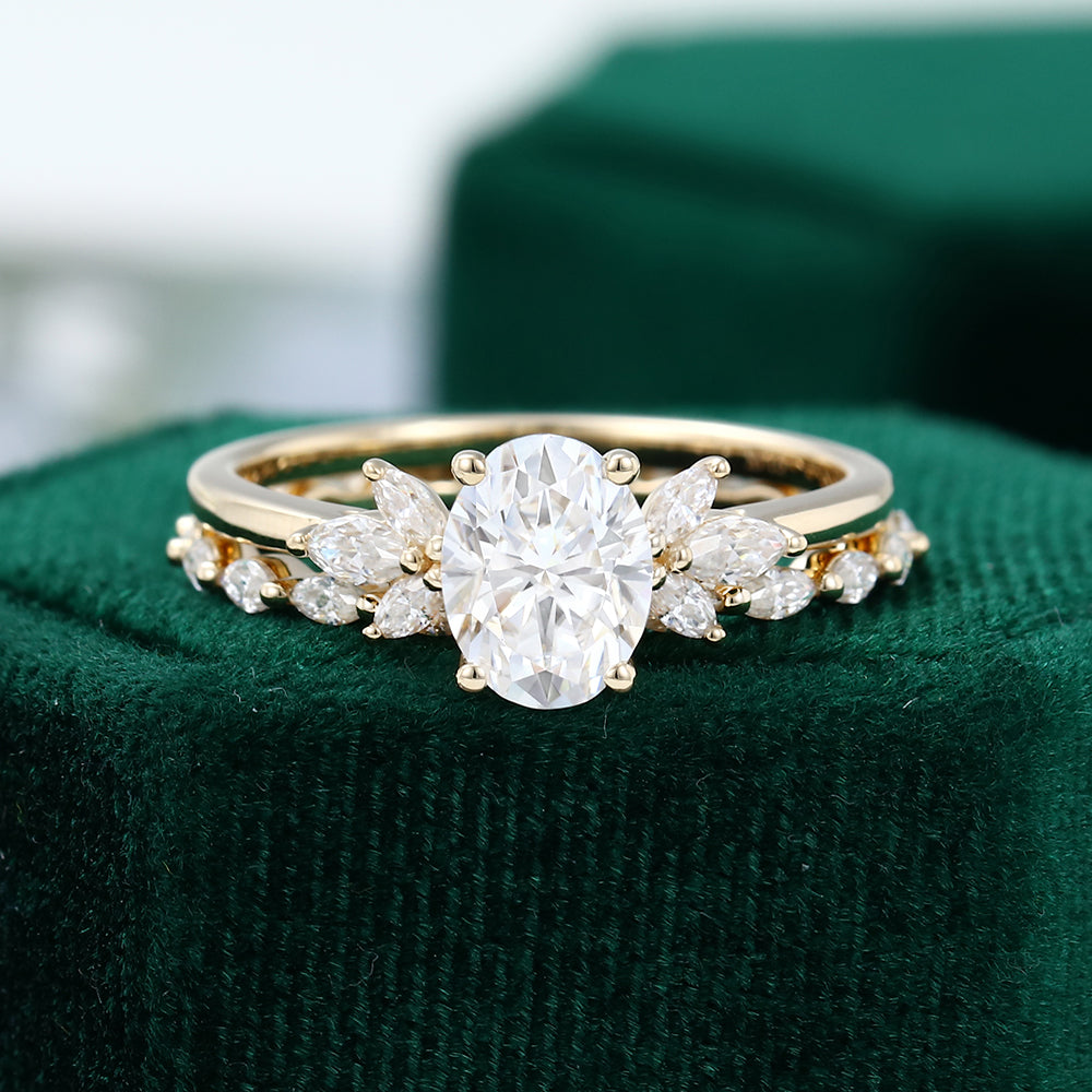 1.33 CT Oval Moissanite Cluster Bridal Ring Set