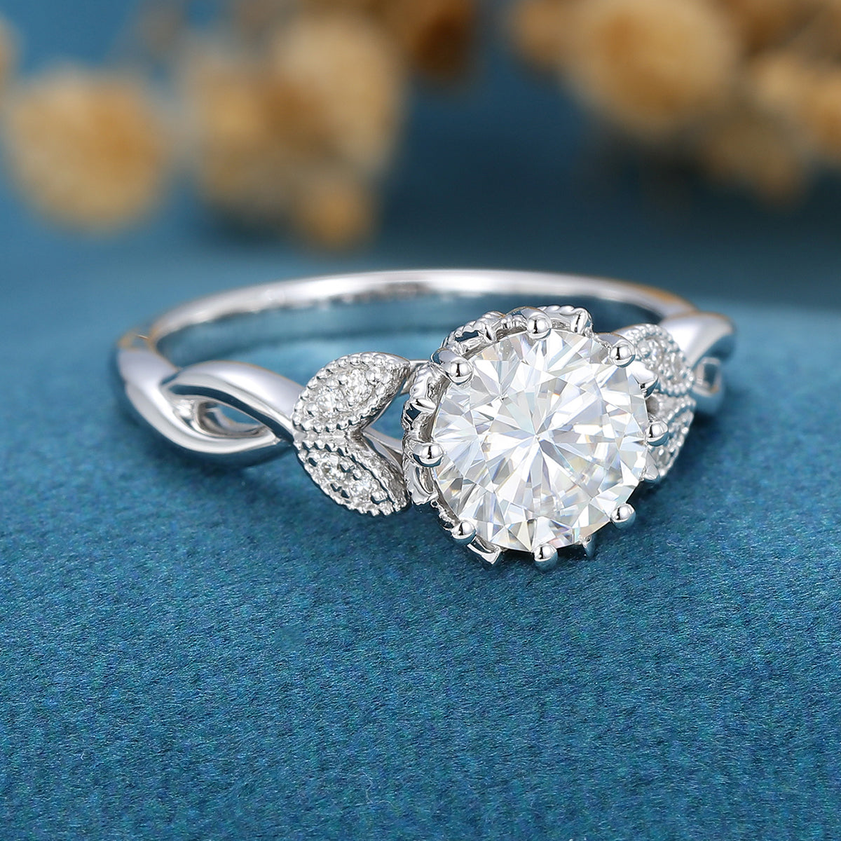 1.10 CT Round Shaped Moissanite Milgrain Art Deco Engagement Ring