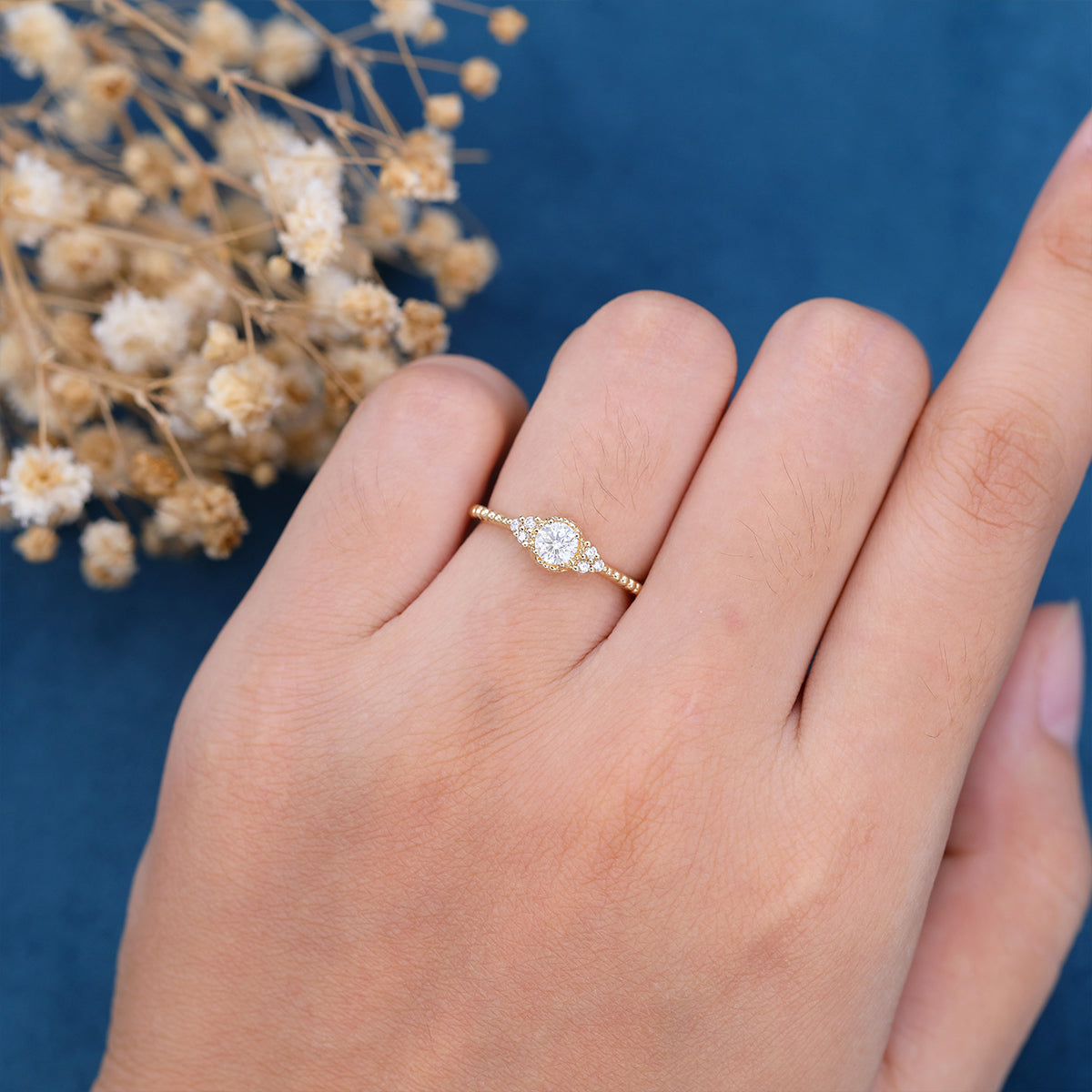 0.22 CT Round Shaped Moissanite Cluster Engagement Ring