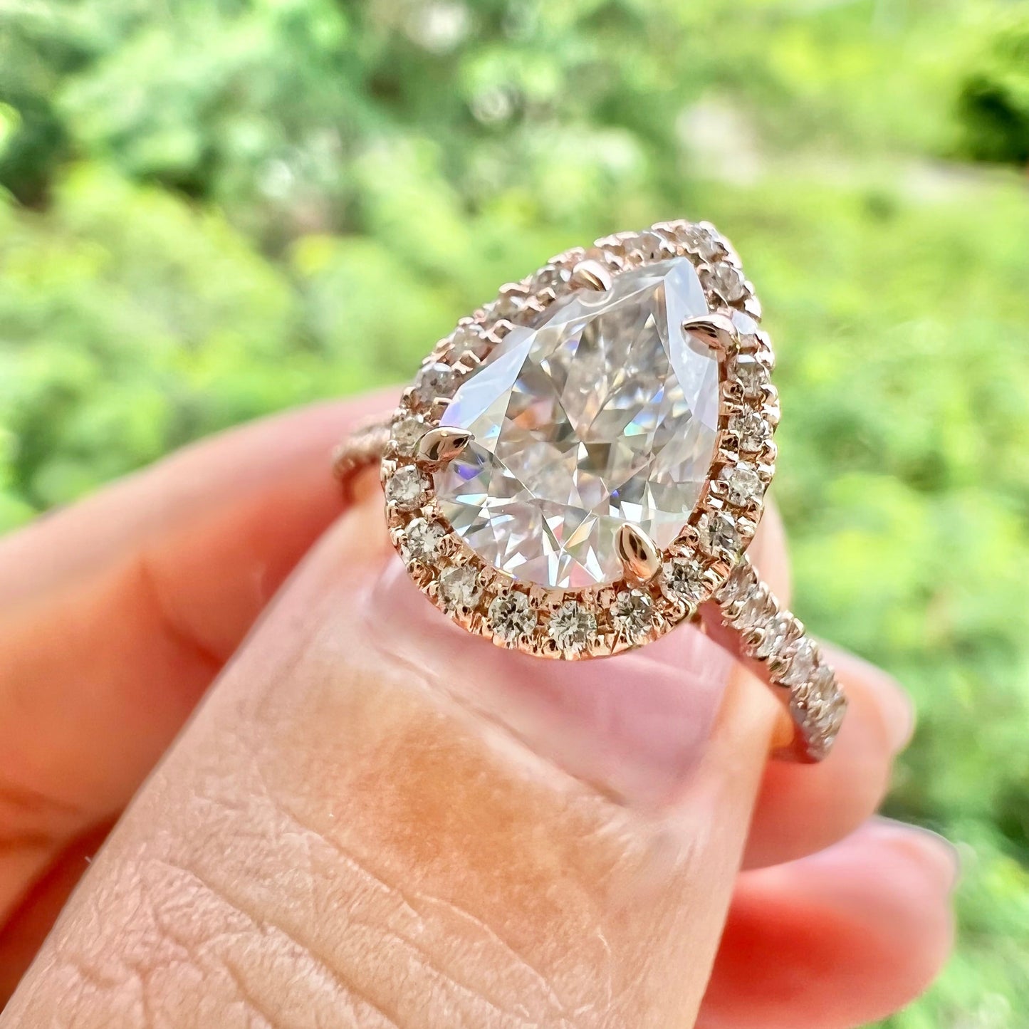 2.1 CT Pear Cut Halo Pave Moissanite Engagement Ring