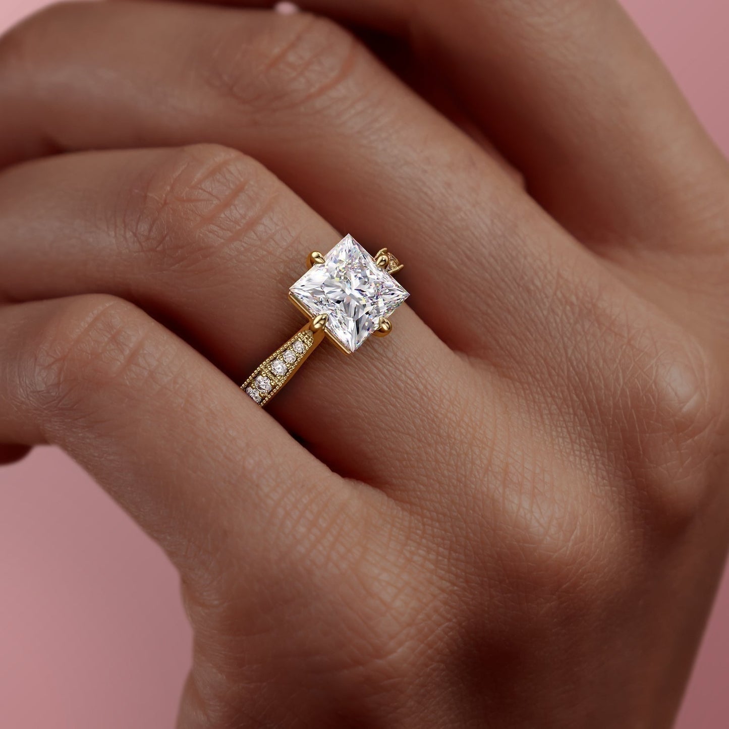 2.08 CT Princess Cut Solitaire Channel Pave Moissanite Engagement Ring