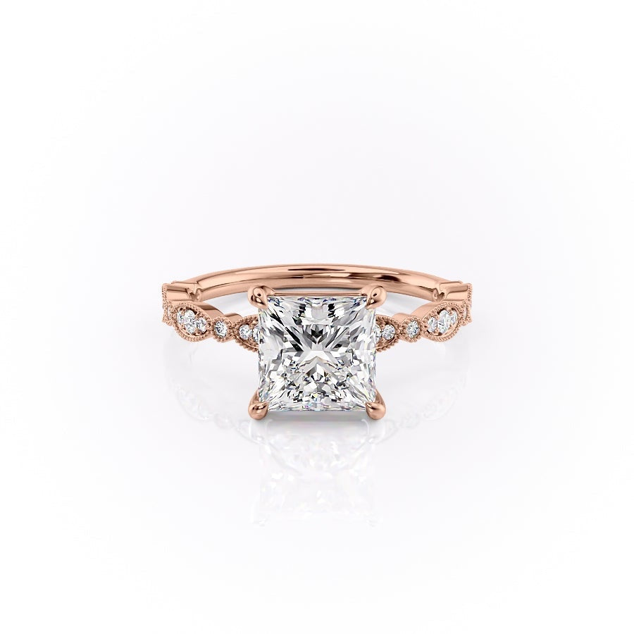 2.08 CT Princess Solitaire Milgrain Pave Moissanite Engagement Ring