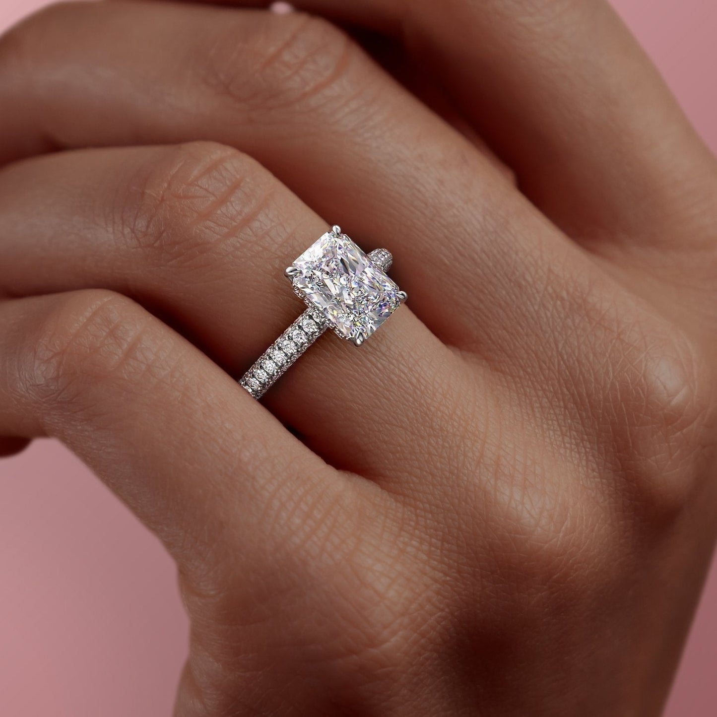 2.1 CT Radiant Cut Hidden Halo Triple Pave Moissanite Engagement Ring