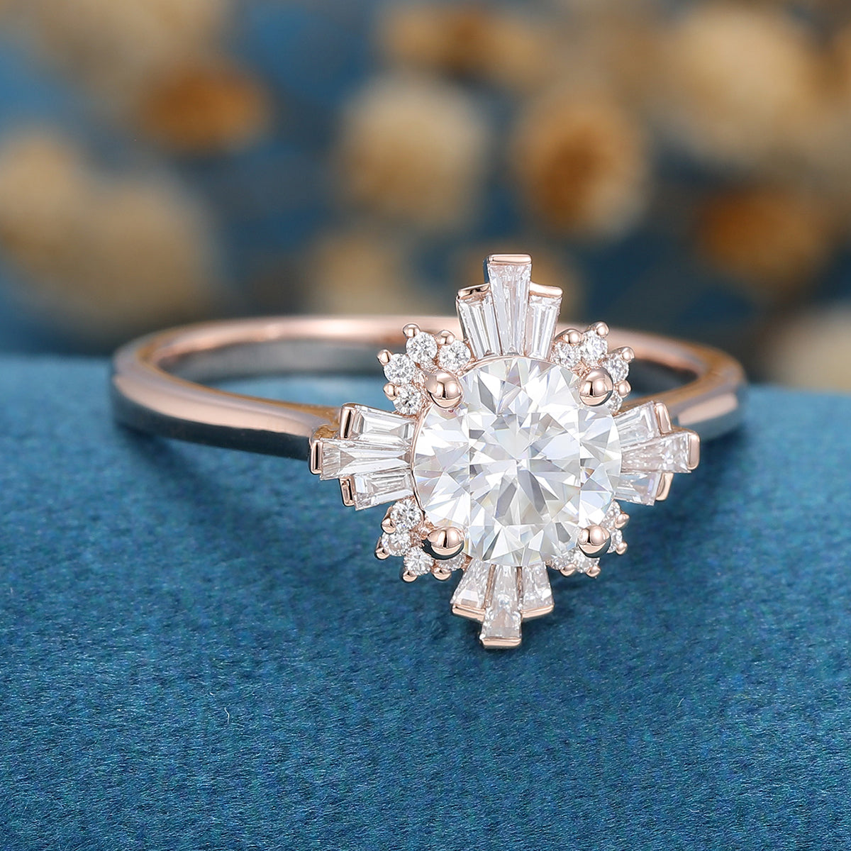 0.88 CT Round Shaped Moissanite Vintage Cluster Engagement Ring