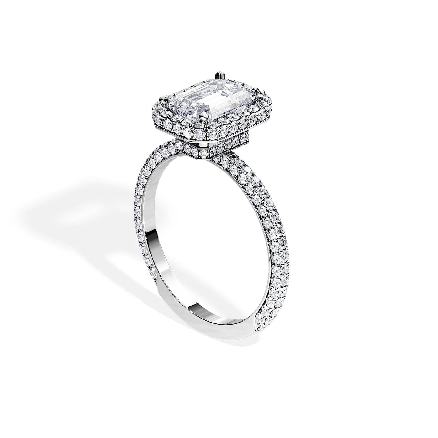 1.75 CT Emerald Cut Halo & Pave Moissanite Engagement Ring