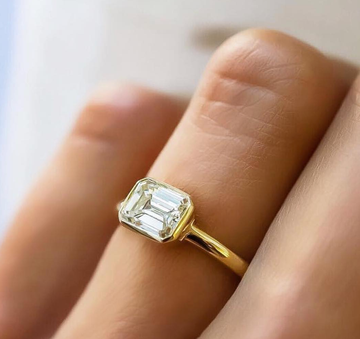 1.28ct Emerald Cut Bezel Moissanite East West Solitaire Diamond Engagement Ring