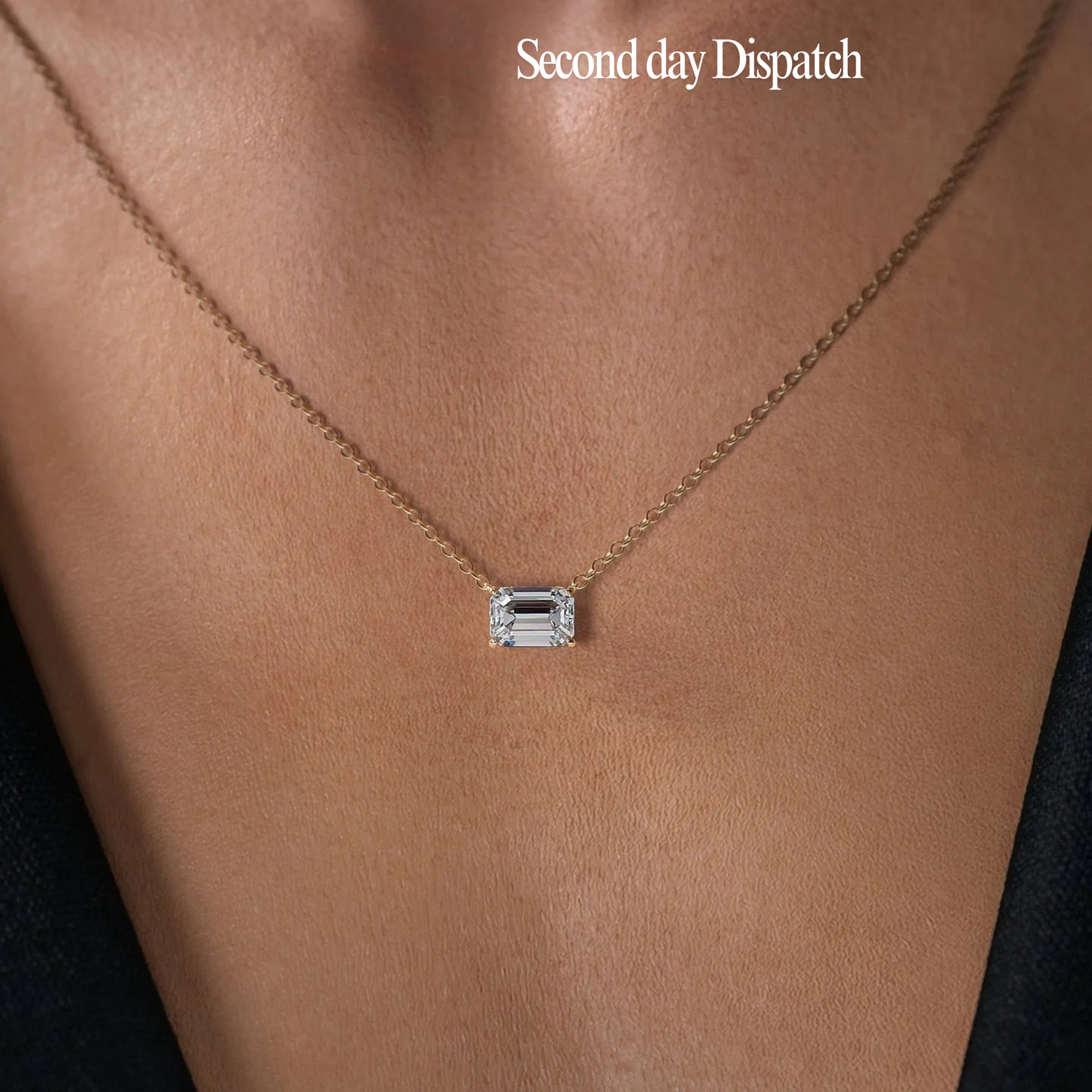 East West Emerald Diamond Moissanite Solitaire Necklace - Ready to Ship