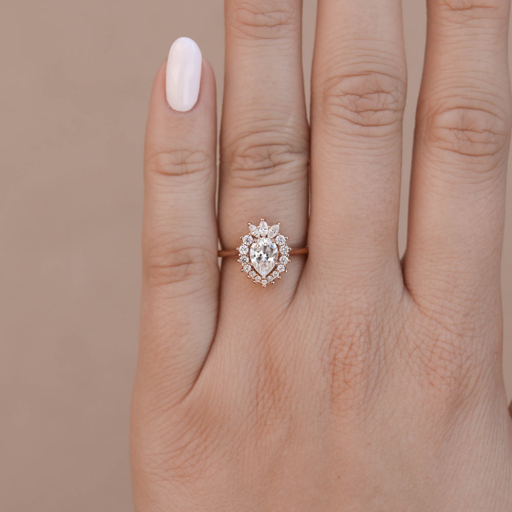 1.25ct Pear Cut Cluster Halo Moissanite Diamond Engagement Ring