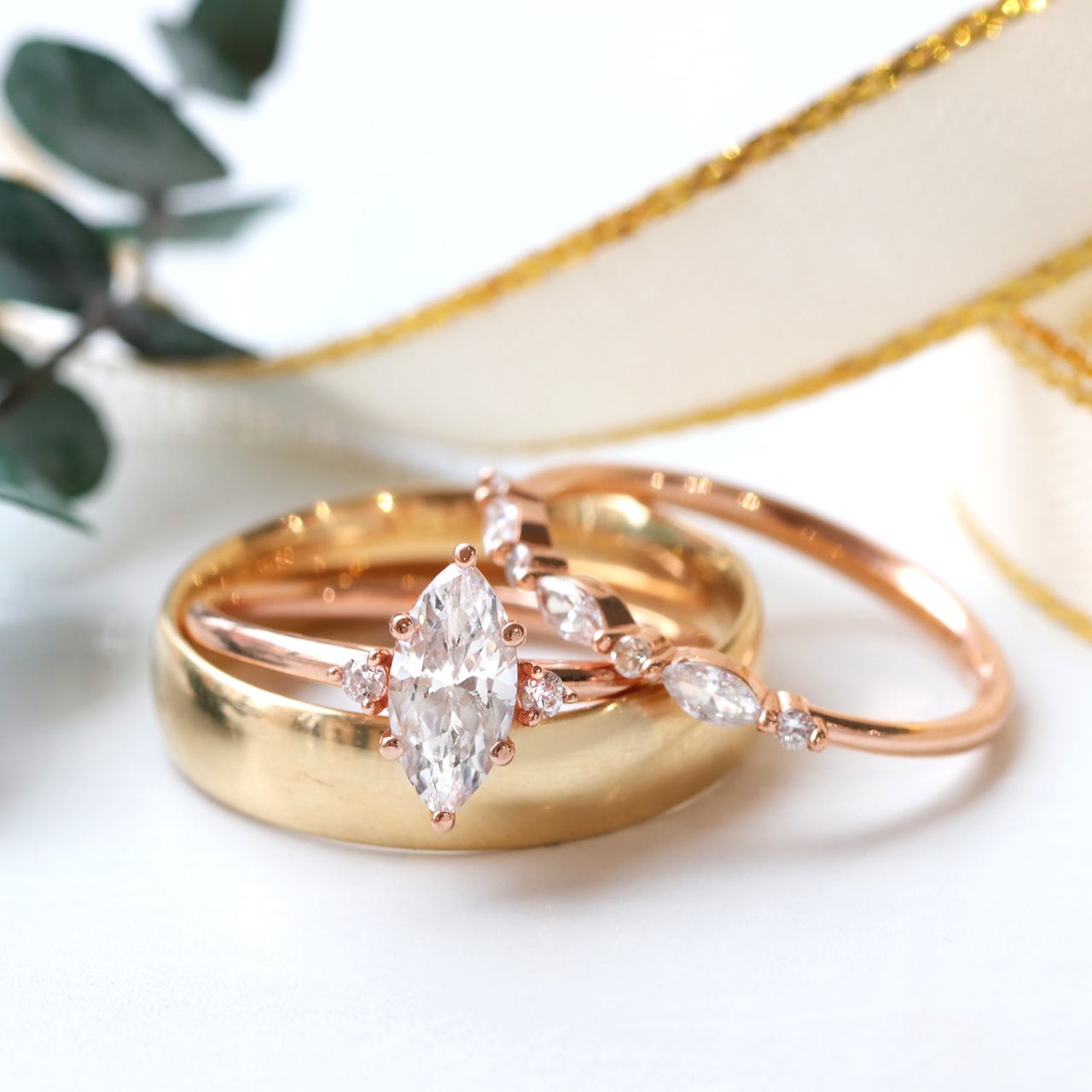 Marquise and Round Cut Half Eternity Wedding Band