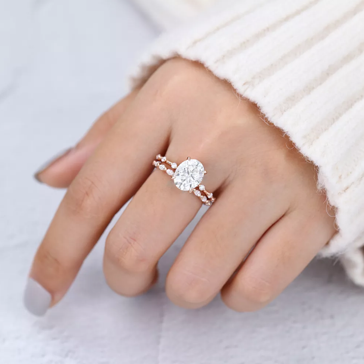 3.0 CT Oval Moissanite Dainty Pave Bridal Ring Set