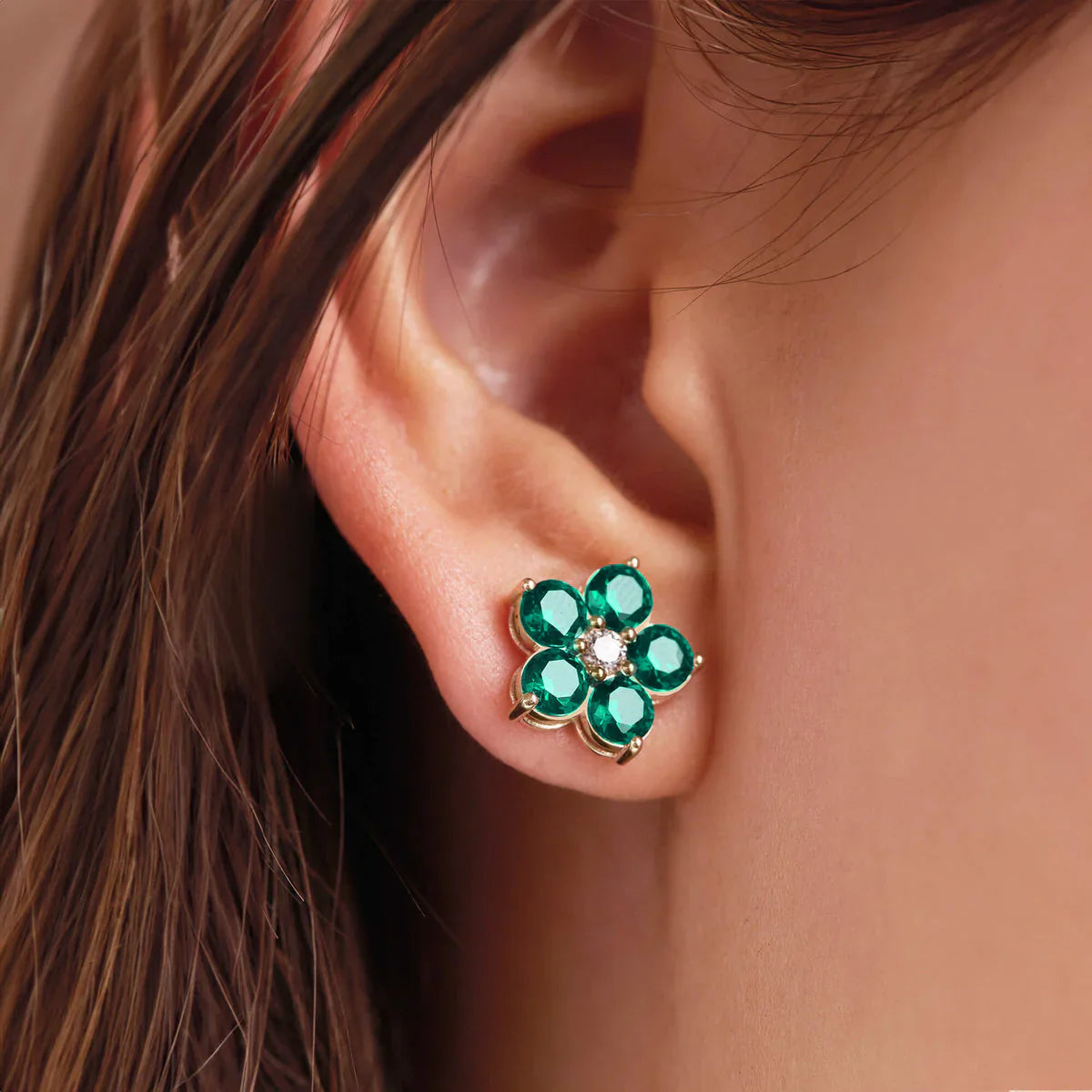 2.50TCW Round Floral Emerald Moissanite May Birthstone Stud Earrings