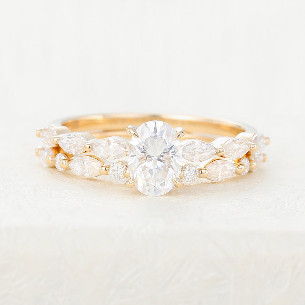 0.84 CT Oval Moissanite Pave Bridal Ring Set