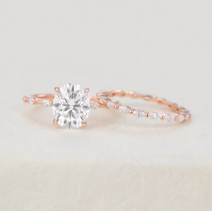 3.0 CT Oval Moissanite Dainty Pave Bridal Ring Set