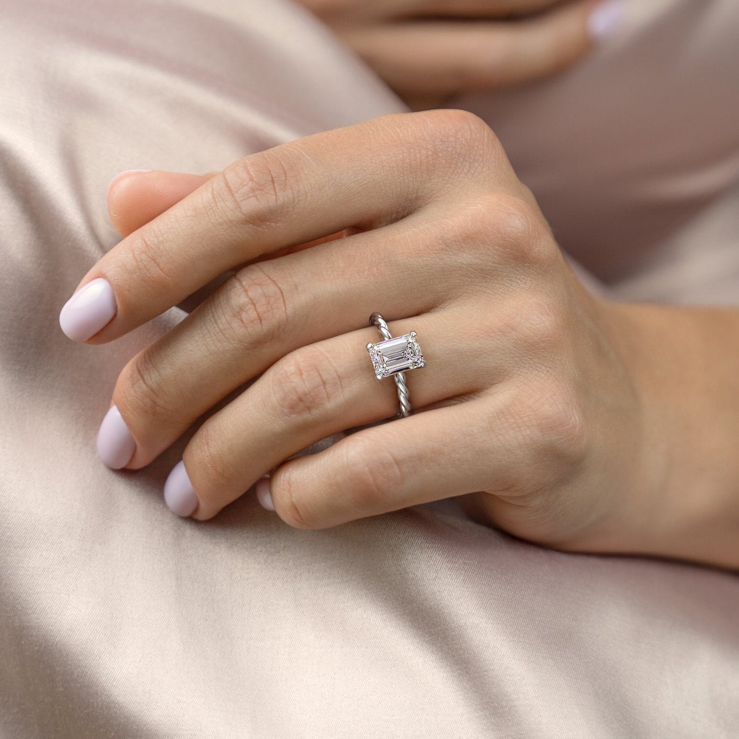 2.10 CT Emerald Cut Solitaire Twisted Rope Moissanite Engagement Ring