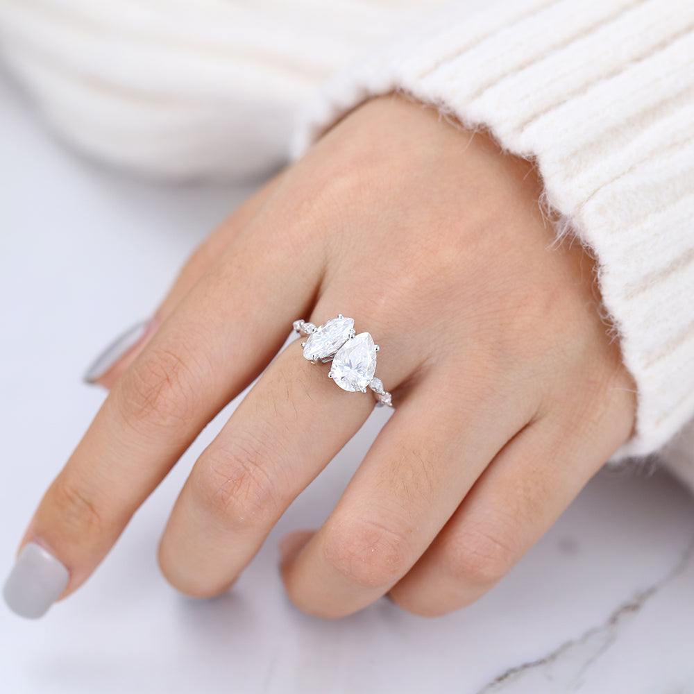 0.90 CT Marquise & 1.93 CT Pear Shaped Moissanite Two Stone Engagement Ring