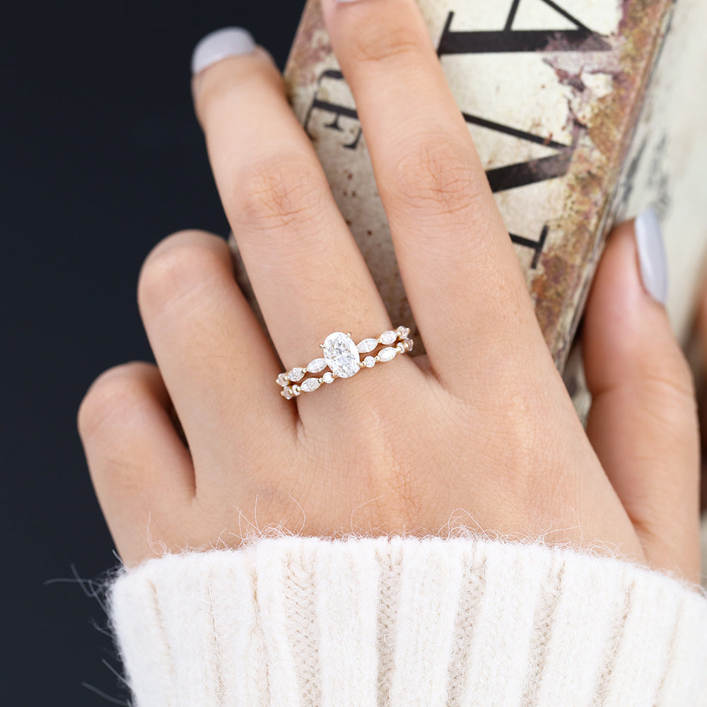 0.84 CT Oval Moissanite Pave Bridal Ring Set