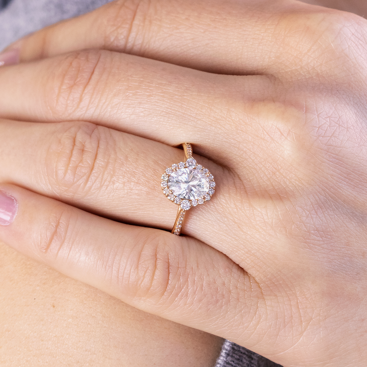 1.33CT Oval Cut Unique Halo Moissanite Engagement Ring