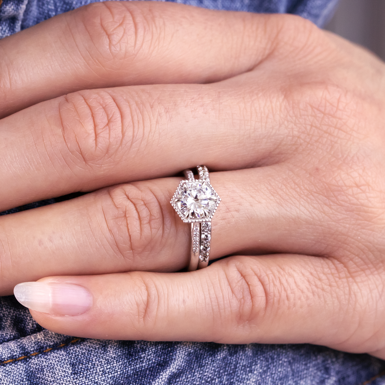 1.20CT Round Cut Hexagon Style Moissanite Solitaire Engagement Ring