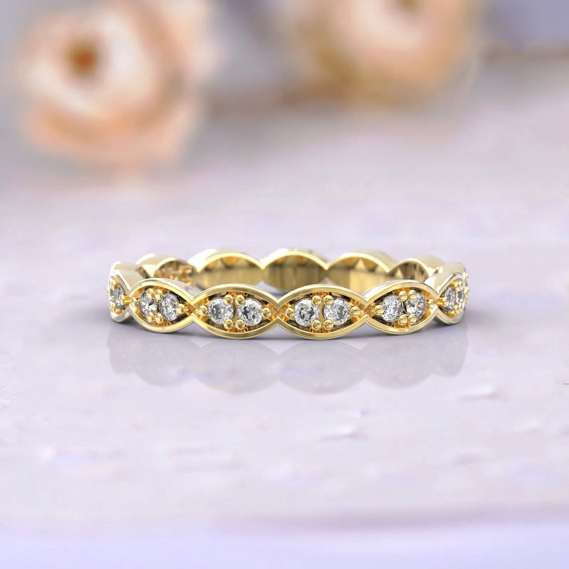 0.91 TCW Round Moissanite Vintage Wedding Band