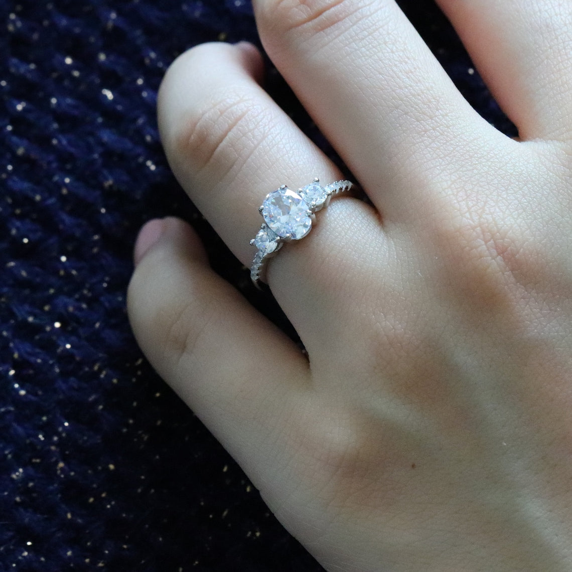 1.50 CT Oval Moissanite Three Stone & Pave Setting Engagement Ring